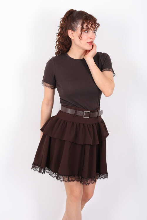 Dantel Detaylı Kemerli Mini Acı Kahve Kadın Katlı Şort Etek - Berox