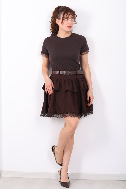 Dantel Detaylı Kemerli Mini Acı Kahve Kadın Katlı Şort Etek - 4
