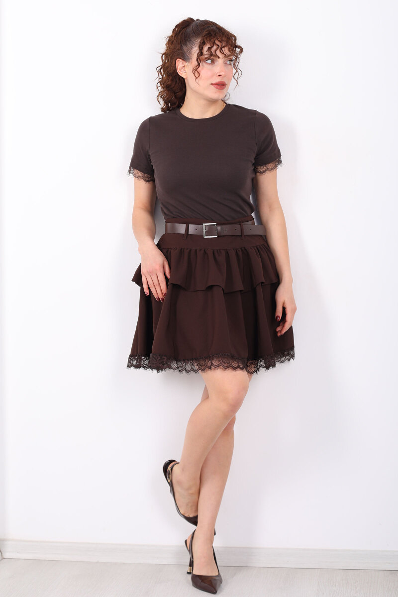 Dantel Detaylı Kemerli Mini Acı Kahve Kadın Katlı Şort Etek - 4
