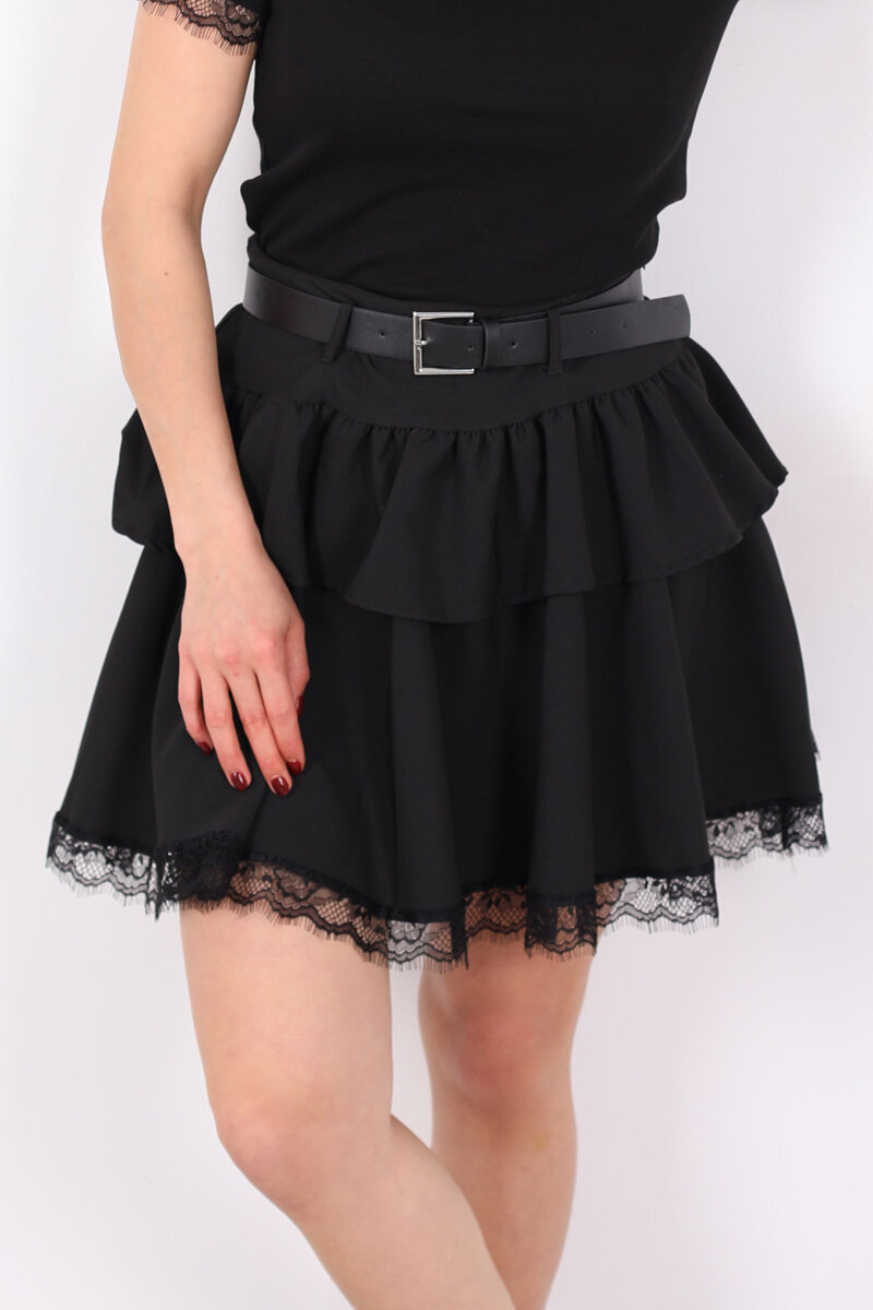 Dantel Detaylı Kemerli Mini Siyah Kadın Katlı Şort Etek - 2