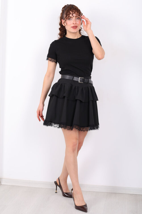 Dantel Detaylı Kemerli Mini Siyah Kadın Katlı Şort Etek - 3
