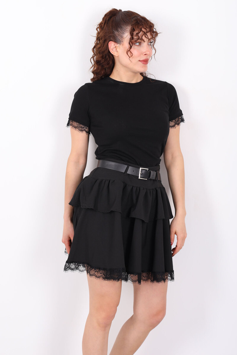 Dantel Detaylı Kemerli Mini Siyah Kadın Katlı Şort Etek - 6