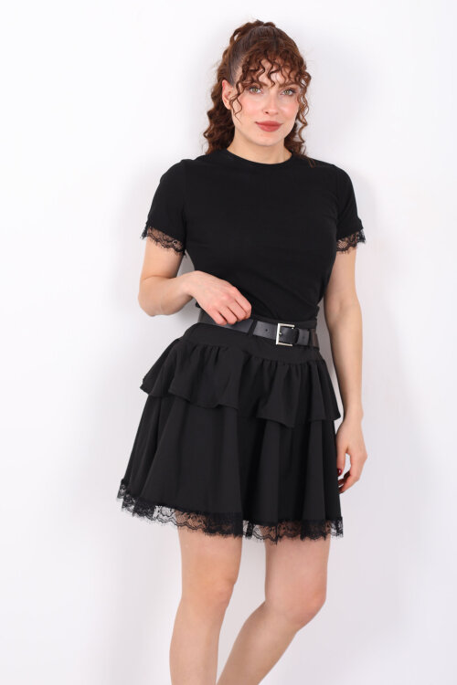 Dantel Detaylı Kemerli Mini Siyah Kadın Katlı Şort Etek 