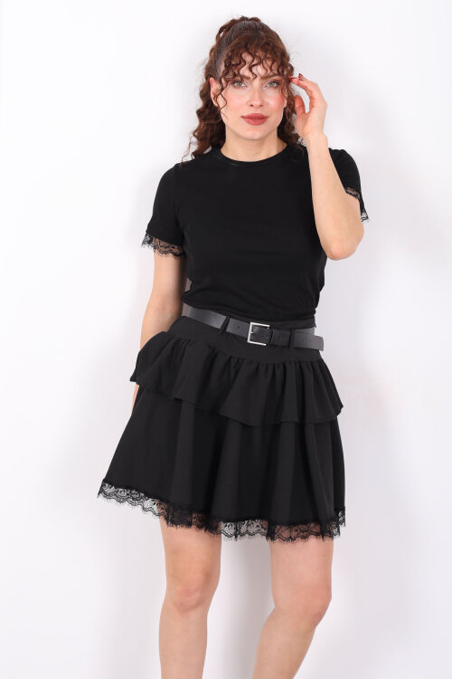 Dantel Detaylı Kemerli Mini Siyah Kadın Katlı Şort Etek - 4
