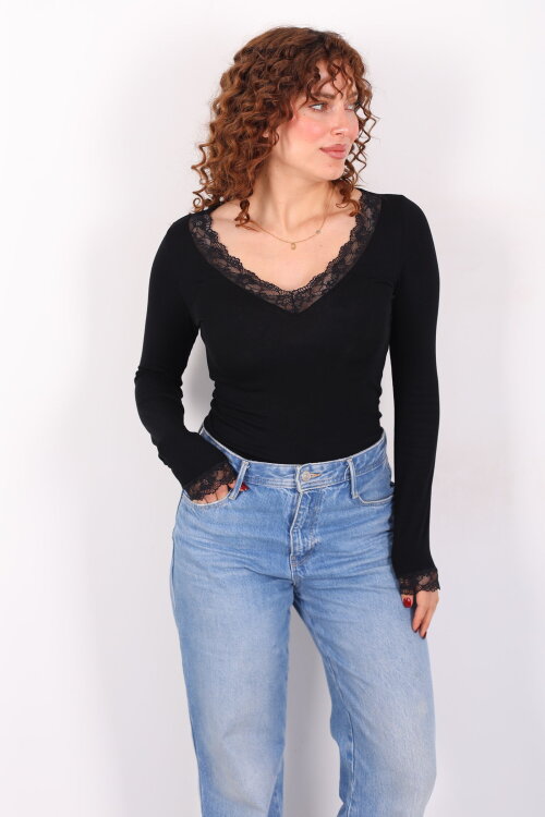 Dantel Detaylı V-Yaka Siyah Kadın Body - 6
