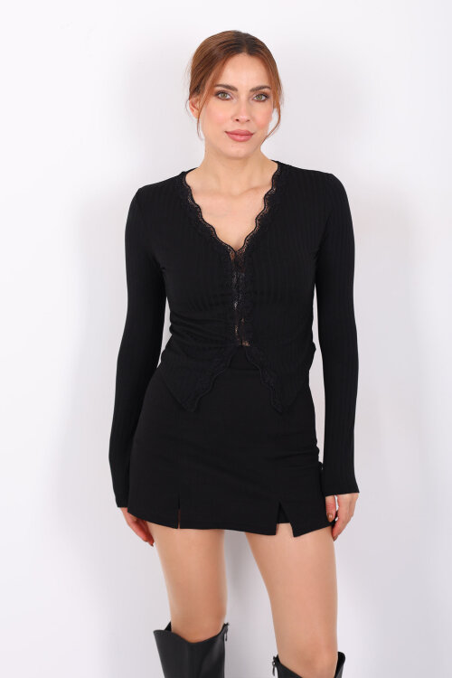 Dantel Detaylı V Yaka Siyah Kadın Fitilli Bluz - 6