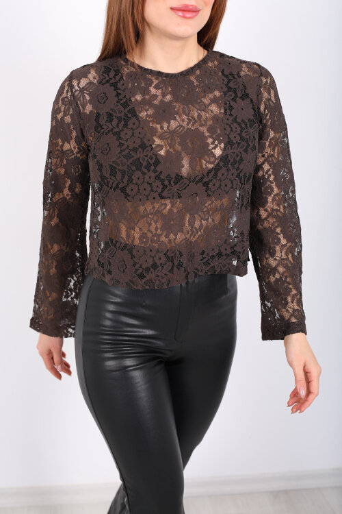 Dantel İşlemeli İspanyol Kol Kahverengi Kadın Bluz - Berox (1)