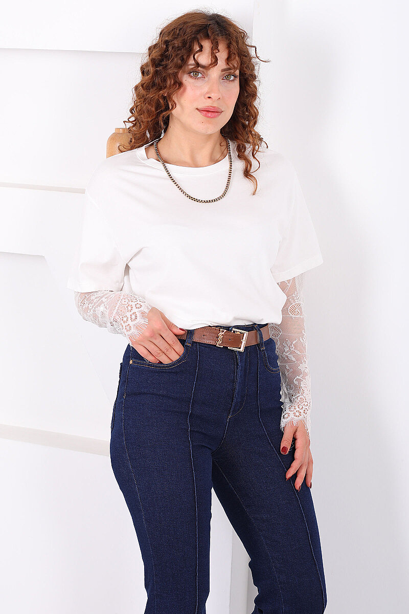 Dantel Kollu Bisiklet Yaka Kadın Beyaz T-Shirt - 6