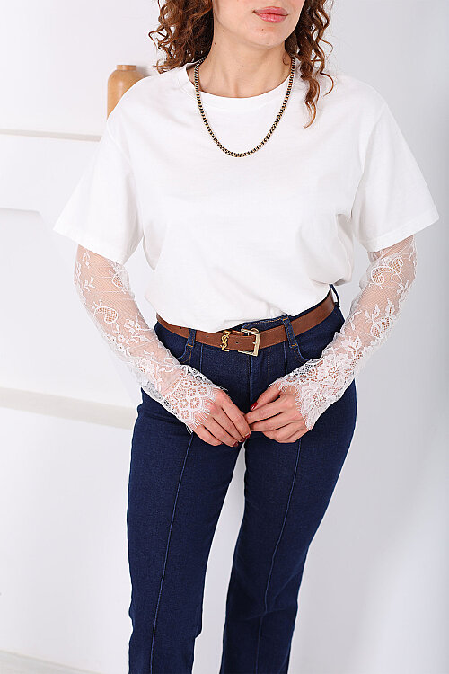 Dantel Kollu Bisiklet Yaka Kadın Beyaz T-Shirt - Berox (1)