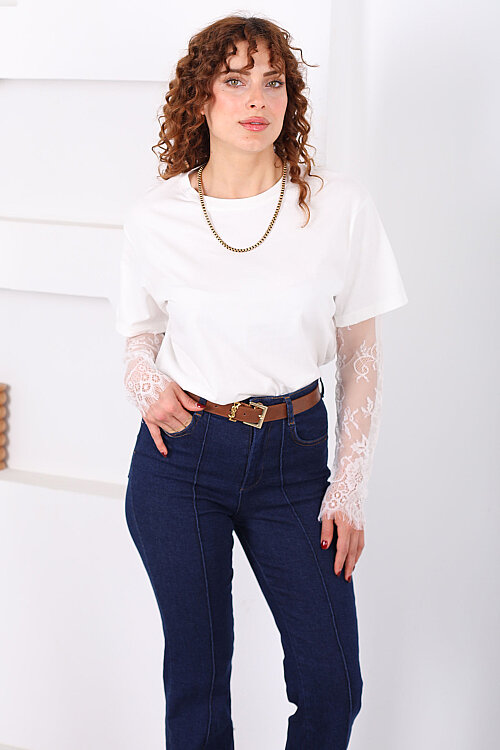Dantel Kollu Bisiklet Yaka Kadın Beyaz T-Shirt - 3