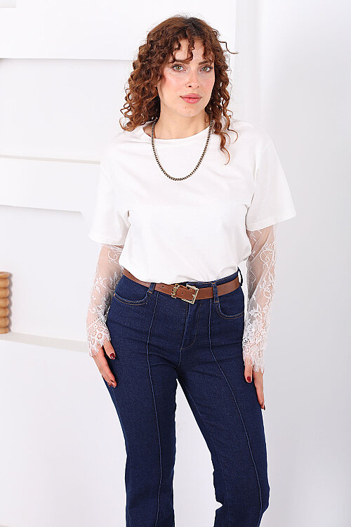 Dantel Kollu Bisiklet Yaka Kadın Beyaz T-Shirt - 4