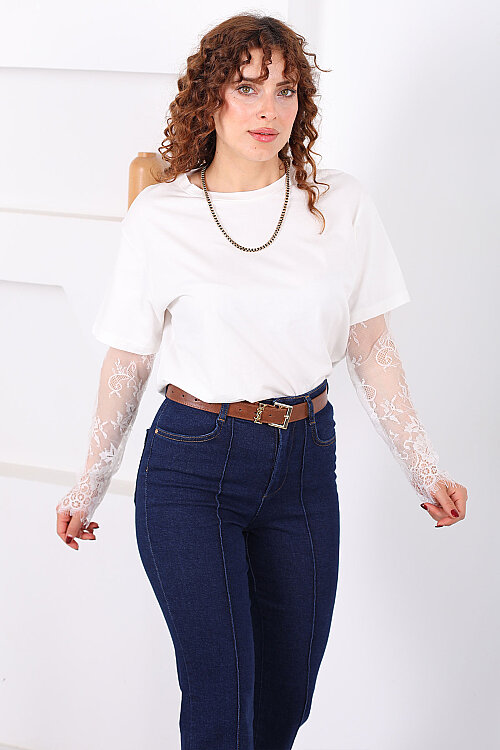 Dantel Kollu Bisiklet Yaka Kadın Beyaz T-Shirt - Berox