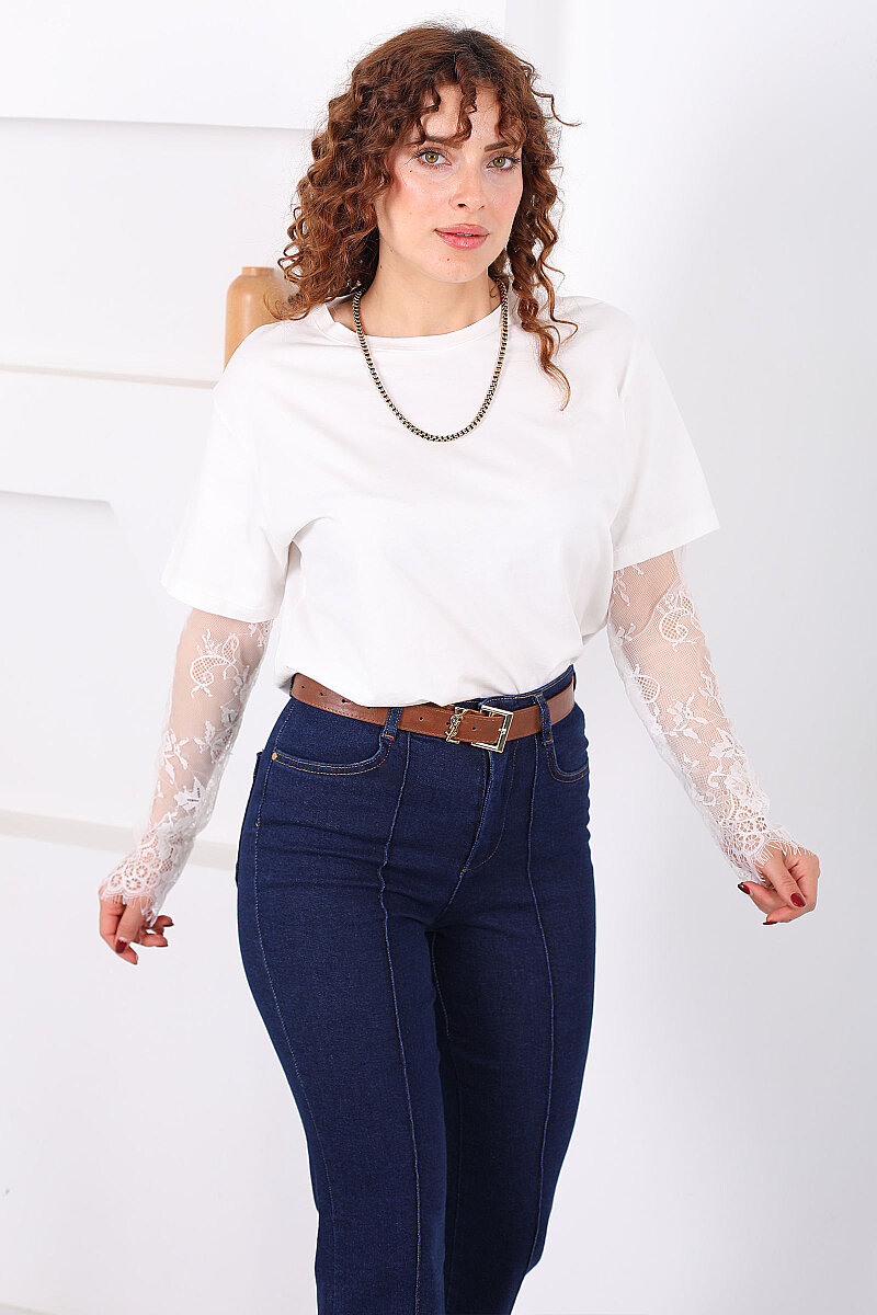 Dantel Kollu Bisiklet Yaka Kadın Beyaz T-Shirt - 1