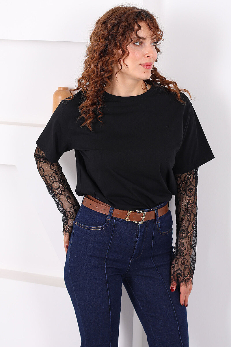 Dantel Kollu Bisiklet Yaka Kadın Siyah T-Shirt - 4