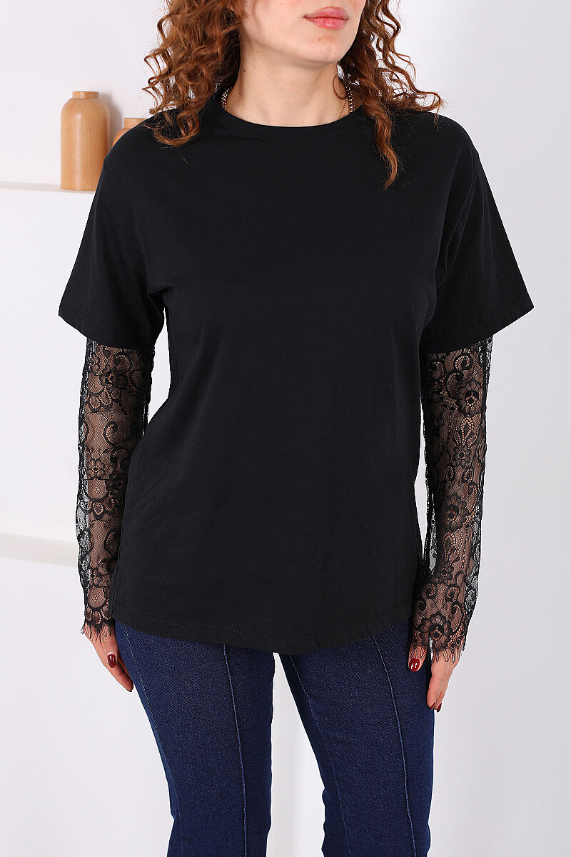 Dantel Kollu Bisiklet Yaka Kadın Siyah T-Shirt - 2