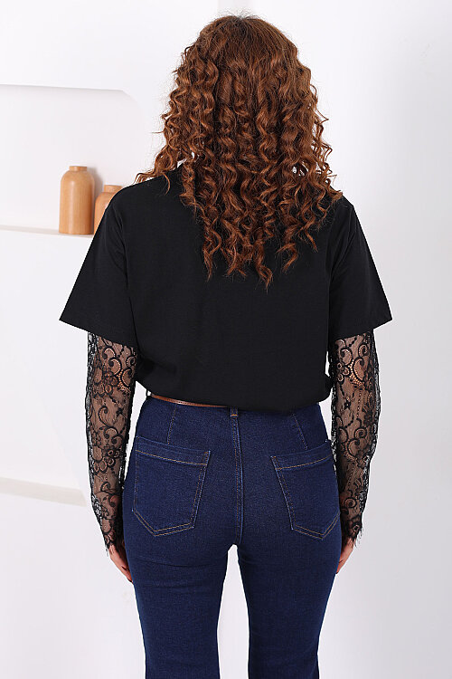 Dantel Kollu Bisiklet Yaka Kadın Siyah T-Shirt - 5