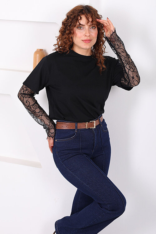 Dantel Kollu Bisiklet Yaka Kadın Siyah T-Shirt - Berox