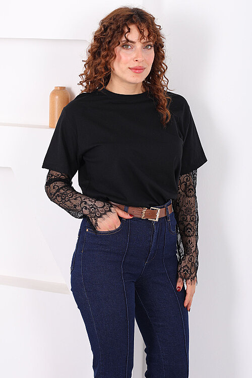 Dantel Kollu Bisiklet Yaka Kadın Siyah T-Shirt - 3