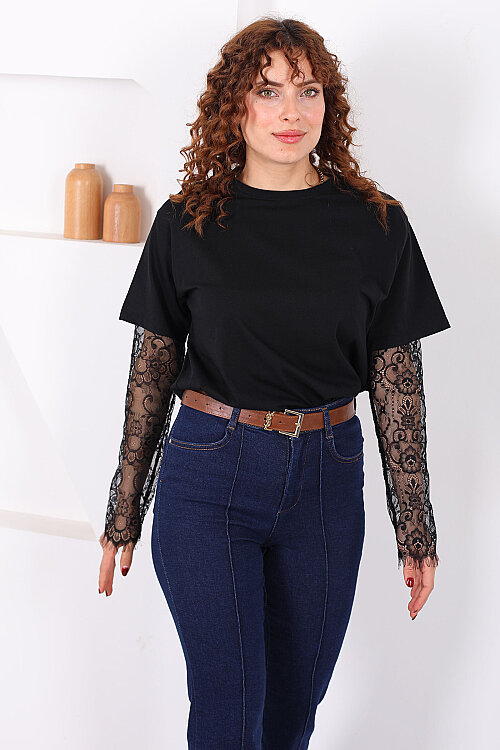 Dantel Kollu Bisiklet Yaka Kadın Siyah T-Shirt - 6