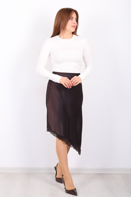 Dantel Şeritli Yırtmaçlı Asimetrik Kahverengi Kadın Saten Etek - 4