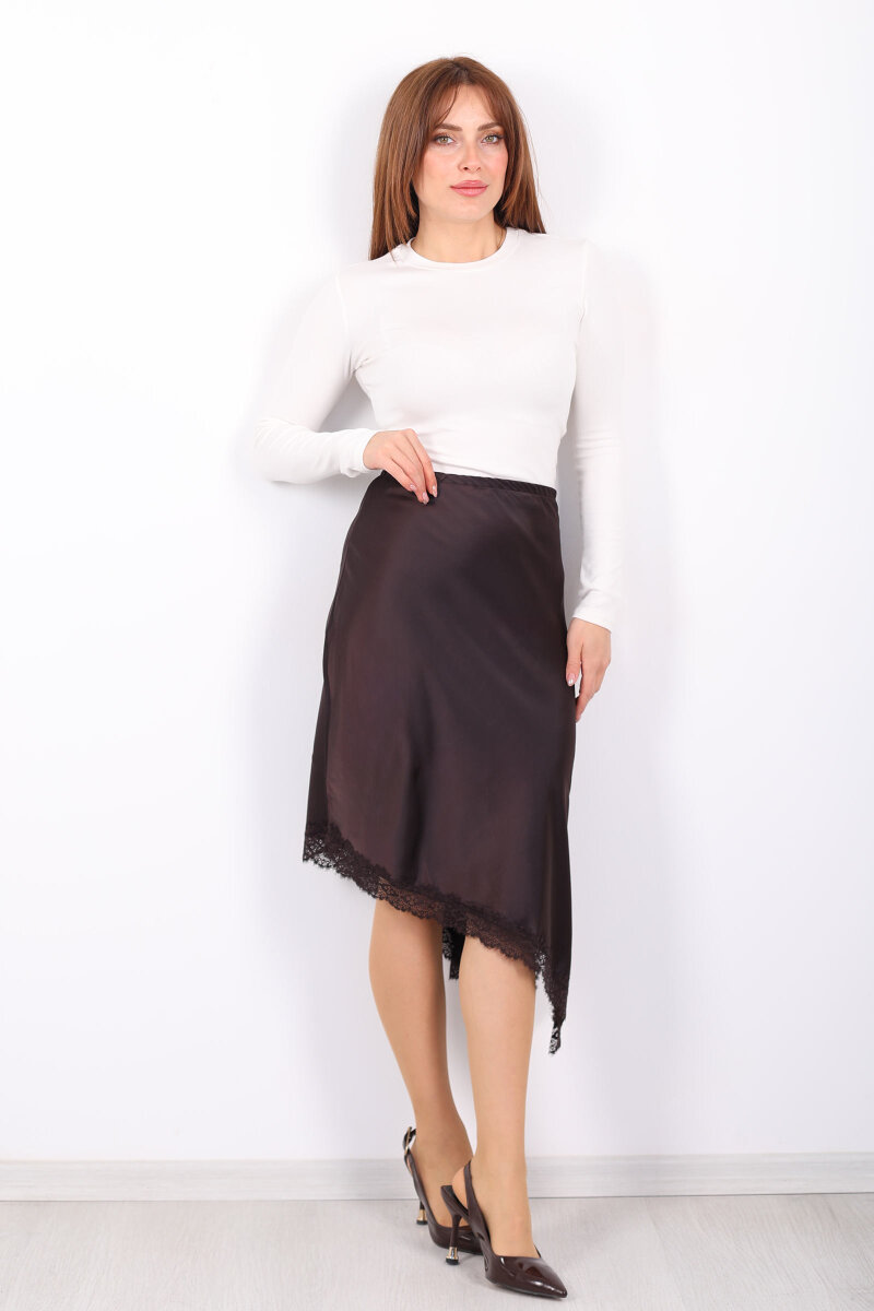 Dantel Şeritli Yırtmaçlı Asimetrik Kahverengi Kadın Saten Etek - 5