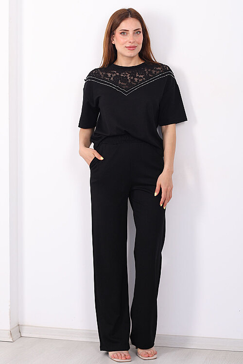 Dantel ve Taş İşlemeli Siyah Kadın Modal Pantolon Takım - 3