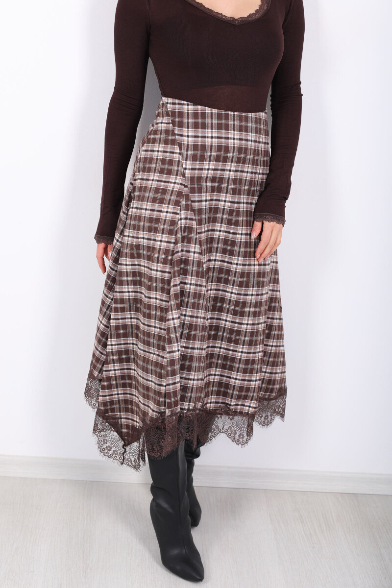 Dantelli Asimetrik Kesim Ekose Kadın Kahverengi Midi Etek - 2