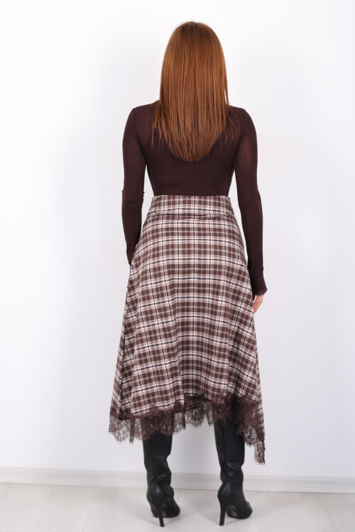 Dantelli Asimetrik Kesim Ekose Kadın Kahverengi Midi Etek - 5