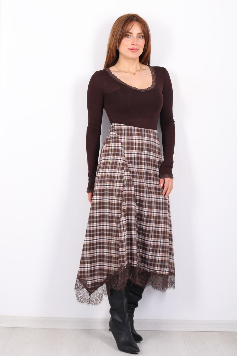 Dantelli Asimetrik Kesim Ekose Kadın Kahverengi Midi Etek - 6