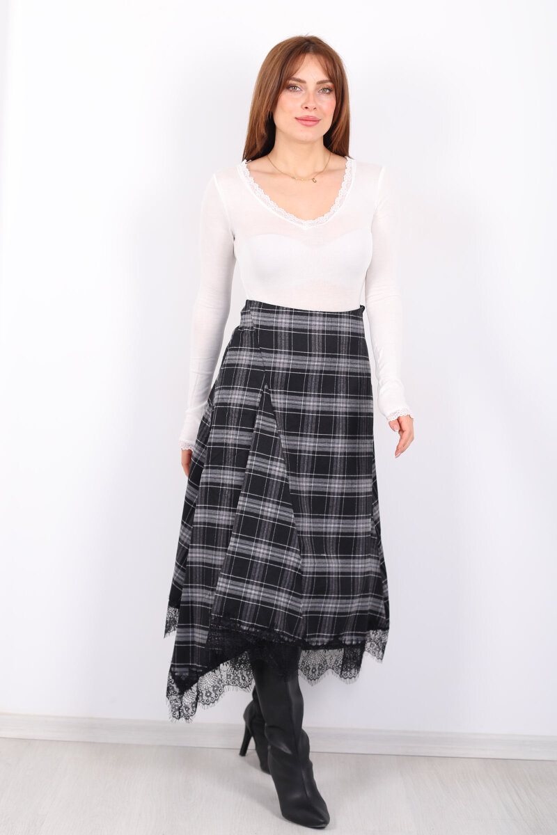 Dantelli Asimetrik Kesim Ekose Kadın Siyah Midi Etek - 6