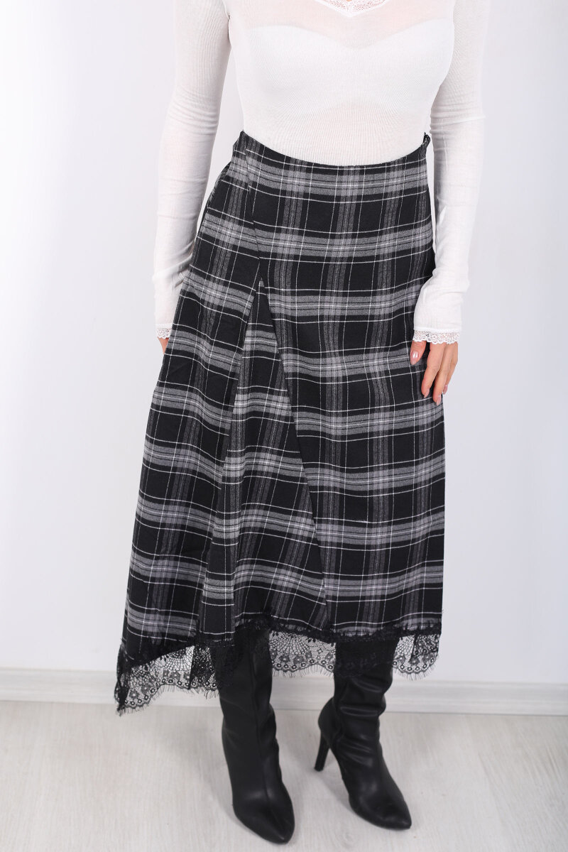 Dantelli Asimetrik Kesim Ekose Kadın Siyah Midi Etek - 2