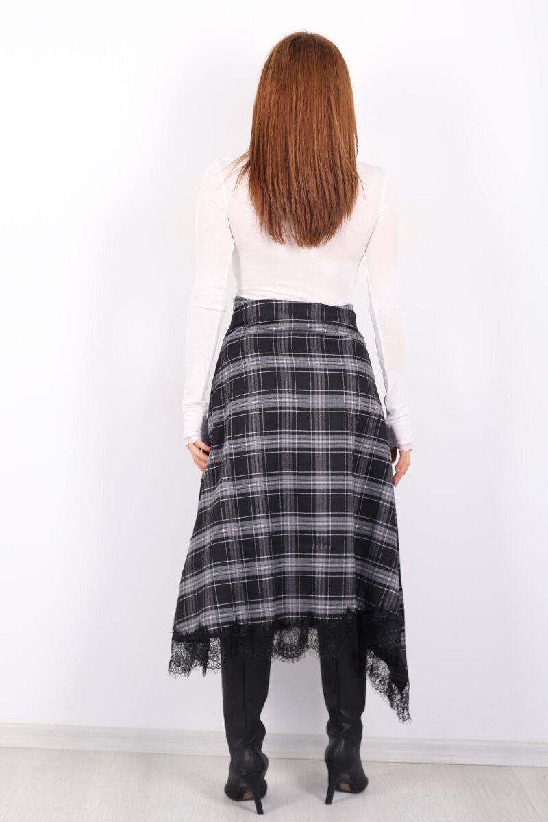 Dantelli Asimetrik Kesim Ekose Kadın Siyah Midi Etek - 5