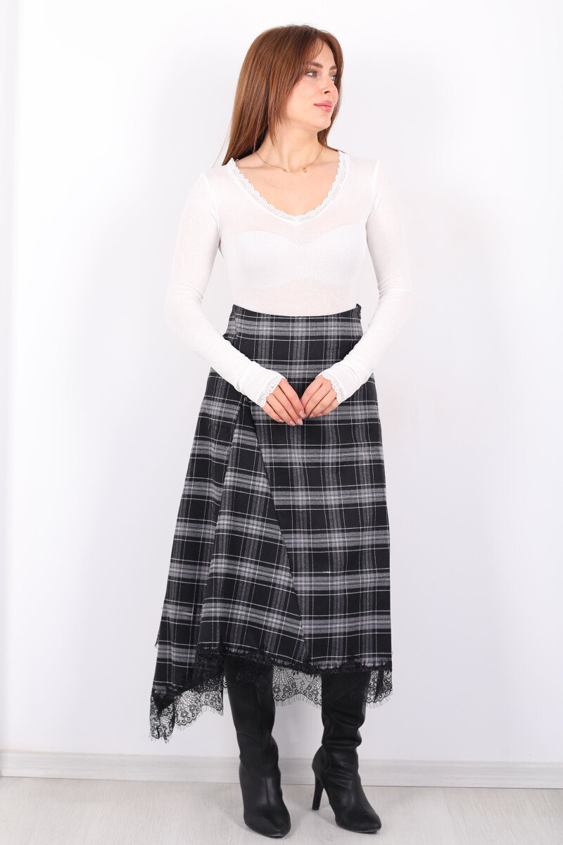 Dantelli Asimetrik Kesim Ekose Kadın Siyah Midi Etek - 3