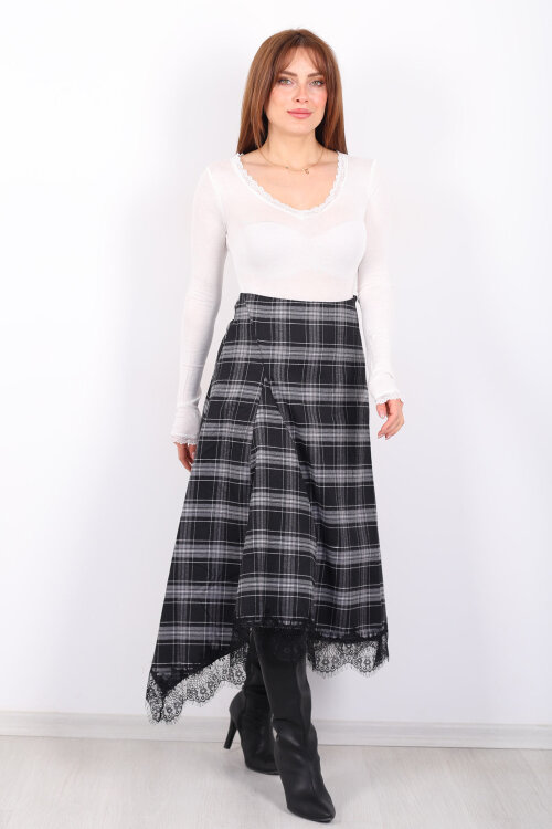 Dantelli Asimetrik Kesim Ekose Kadın Siyah Midi Etek - Berox