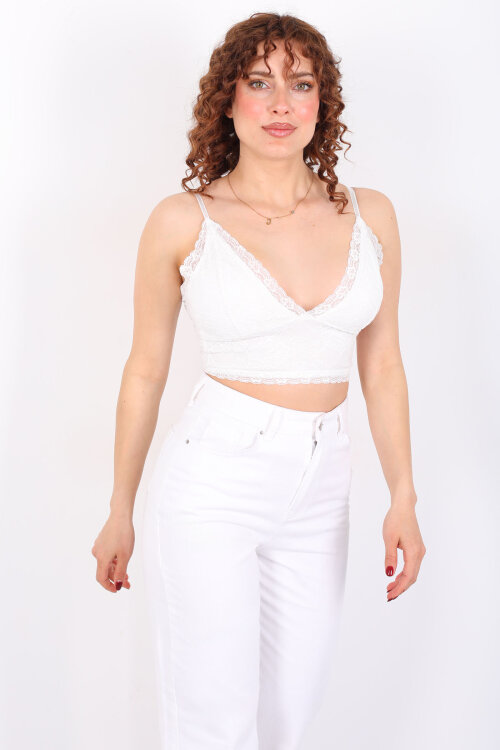 Dantelli Askılı Fermuar Detay Beyaz Kadın Büstiyer - 5