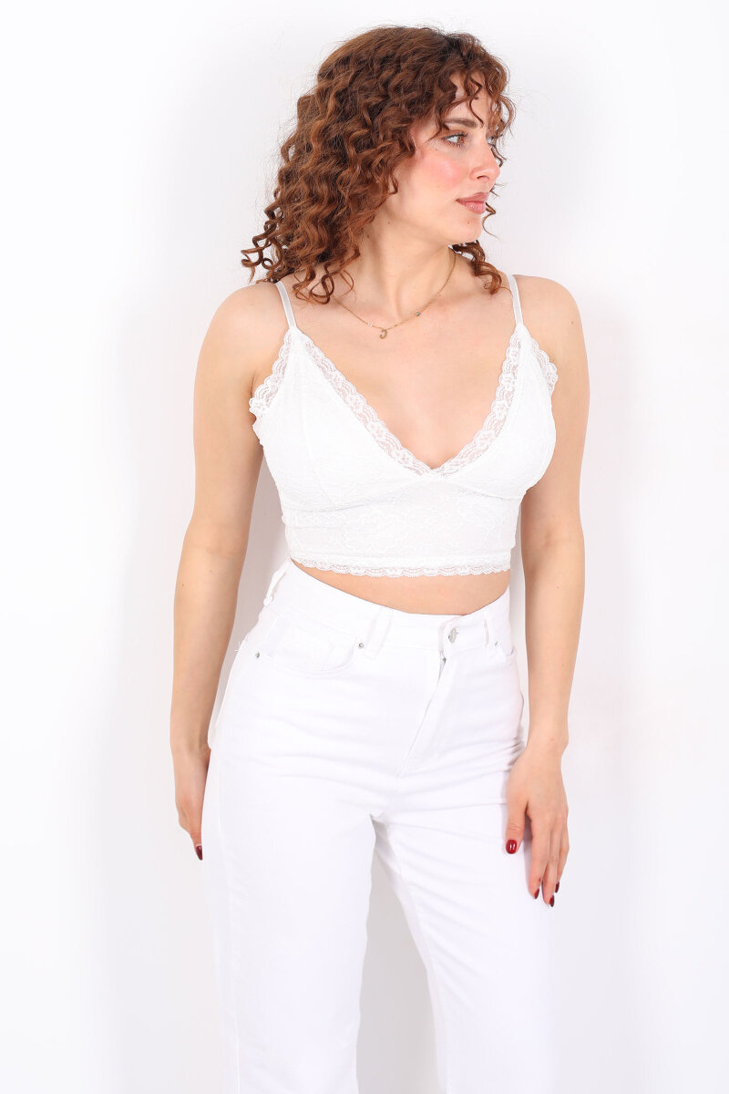Dantelli Askılı Fermuar Detay Beyaz Kadın Büstiyer - 3