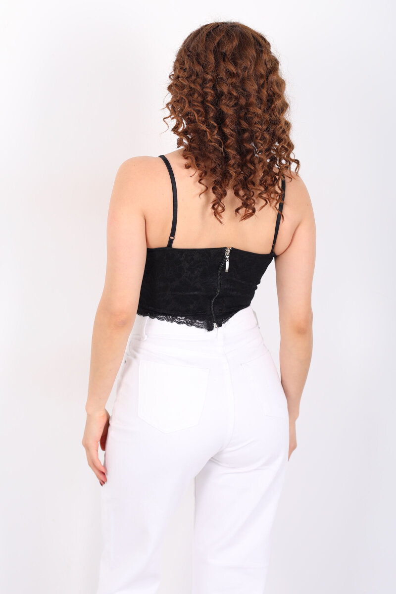 Dantelli Askılı Fermuar Detay Siyah Kadın Büstiyer - 5