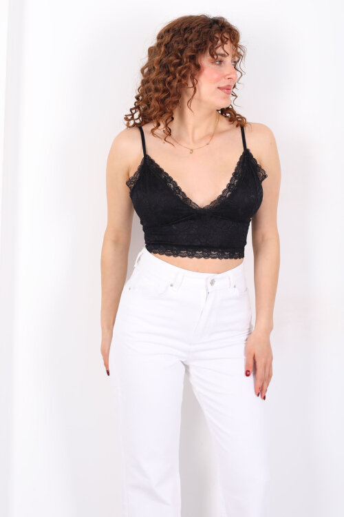 Dantelli Askılı Fermuar Detay Siyah Kadın Büstiyer - 3