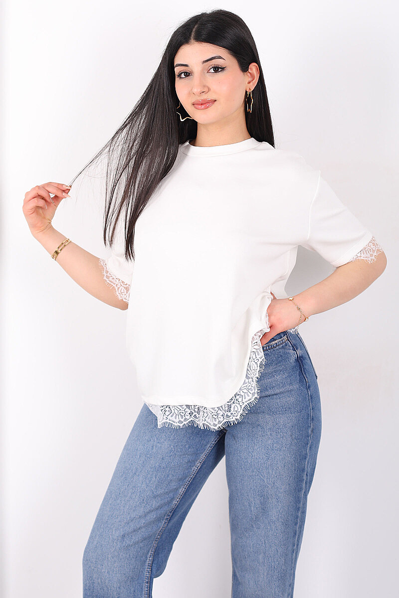 Dantelli Çan Kesim Bisiklet Yaka Beyaz Kadın T-Shirt - 3