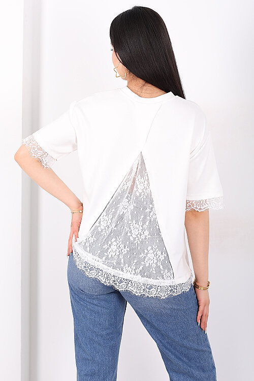 Dantelli Çan Kesim Bisiklet Yaka Beyaz Kadın T-Shirt - Berox (1)