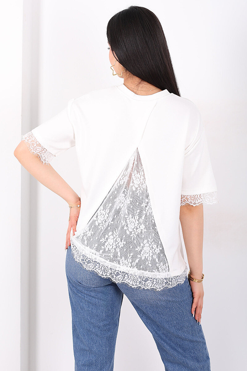 Dantelli Çan Kesim Bisiklet Yaka Beyaz Kadın T-Shirt - 2