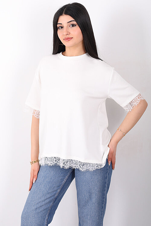 Dantelli Çan Kesim Bisiklet Yaka Beyaz Kadın T-Shirt - 4