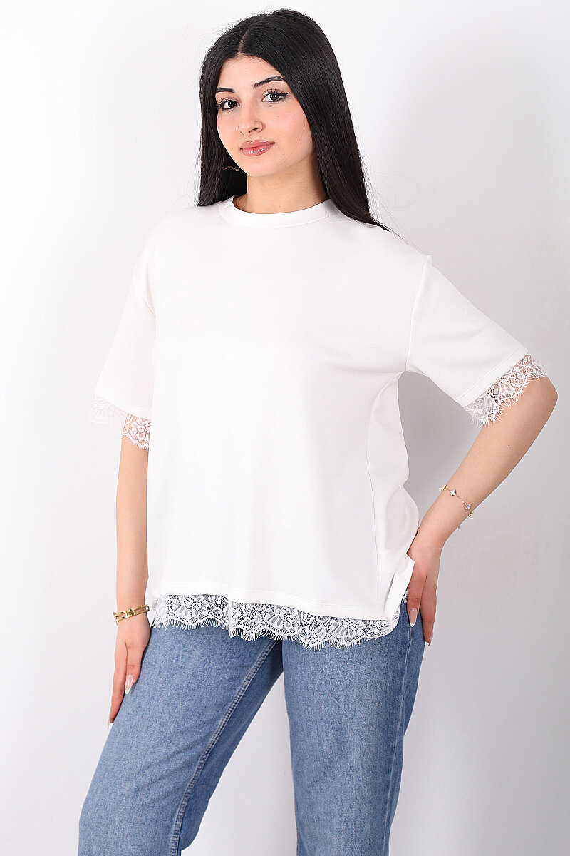 Dantelli Çan Kesim Bisiklet Yaka Beyaz Kadın T-Shirt - 4