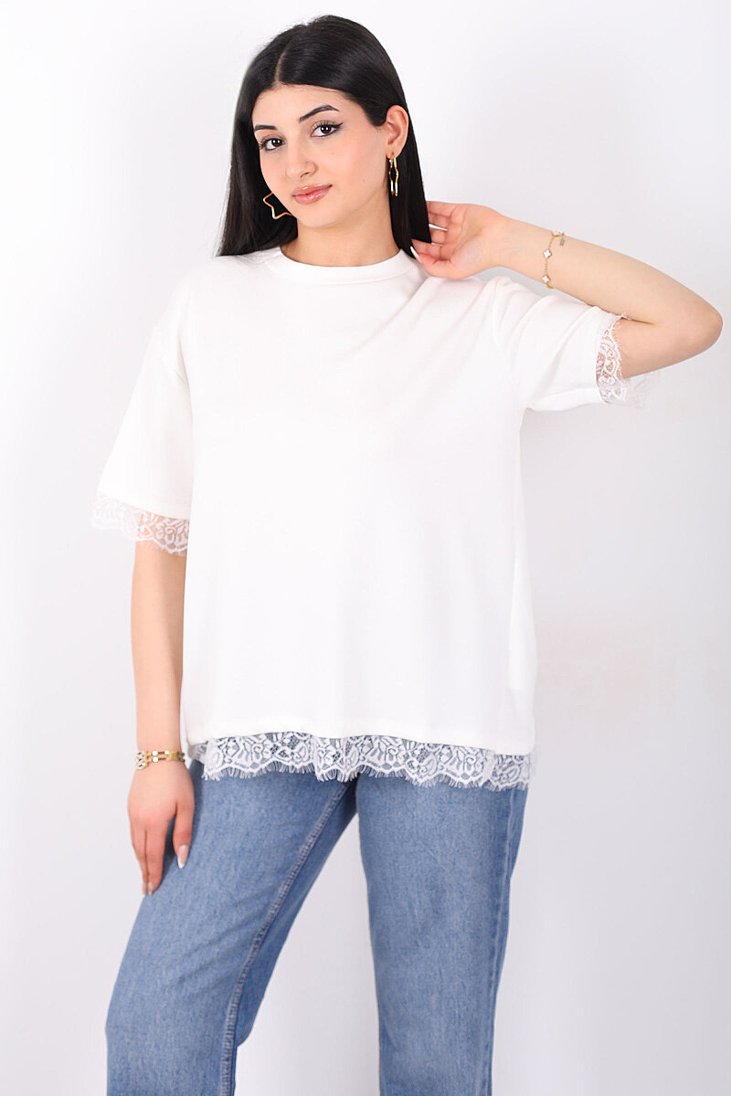 Dantelli Çan Kesim Bisiklet Yaka Beyaz Kadın T-Shirt - 1
