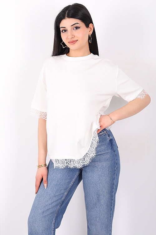 Dantelli Çan Kesim Bisiklet Yaka Beyaz Kadın T-Shirt - 5