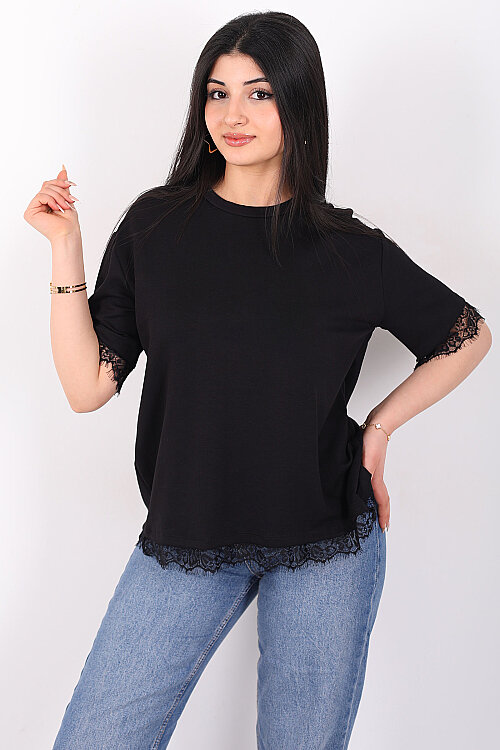 Dantelli Çan Kesim Bisiklet Yaka Siyah Kadın T-Shirt - 5