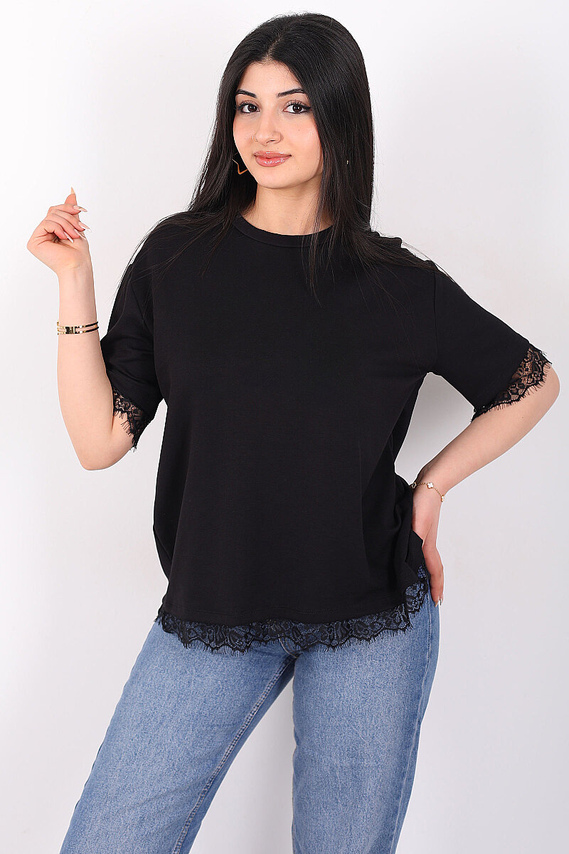 Dantelli Çan Kesim Bisiklet Yaka Siyah Kadın T-Shirt - 5