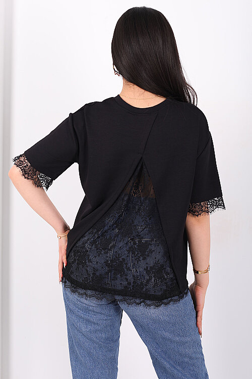 Dantelli Çan Kesim Bisiklet Yaka Siyah Kadın T-Shirt - Berox (1)