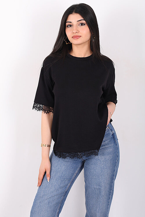 Dantelli Çan Kesim Bisiklet Yaka Siyah Kadın T-Shirt - 4