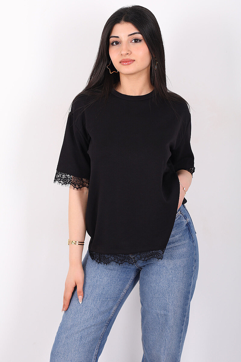 Dantelli Çan Kesim Bisiklet Yaka Siyah Kadın T-Shirt - 4